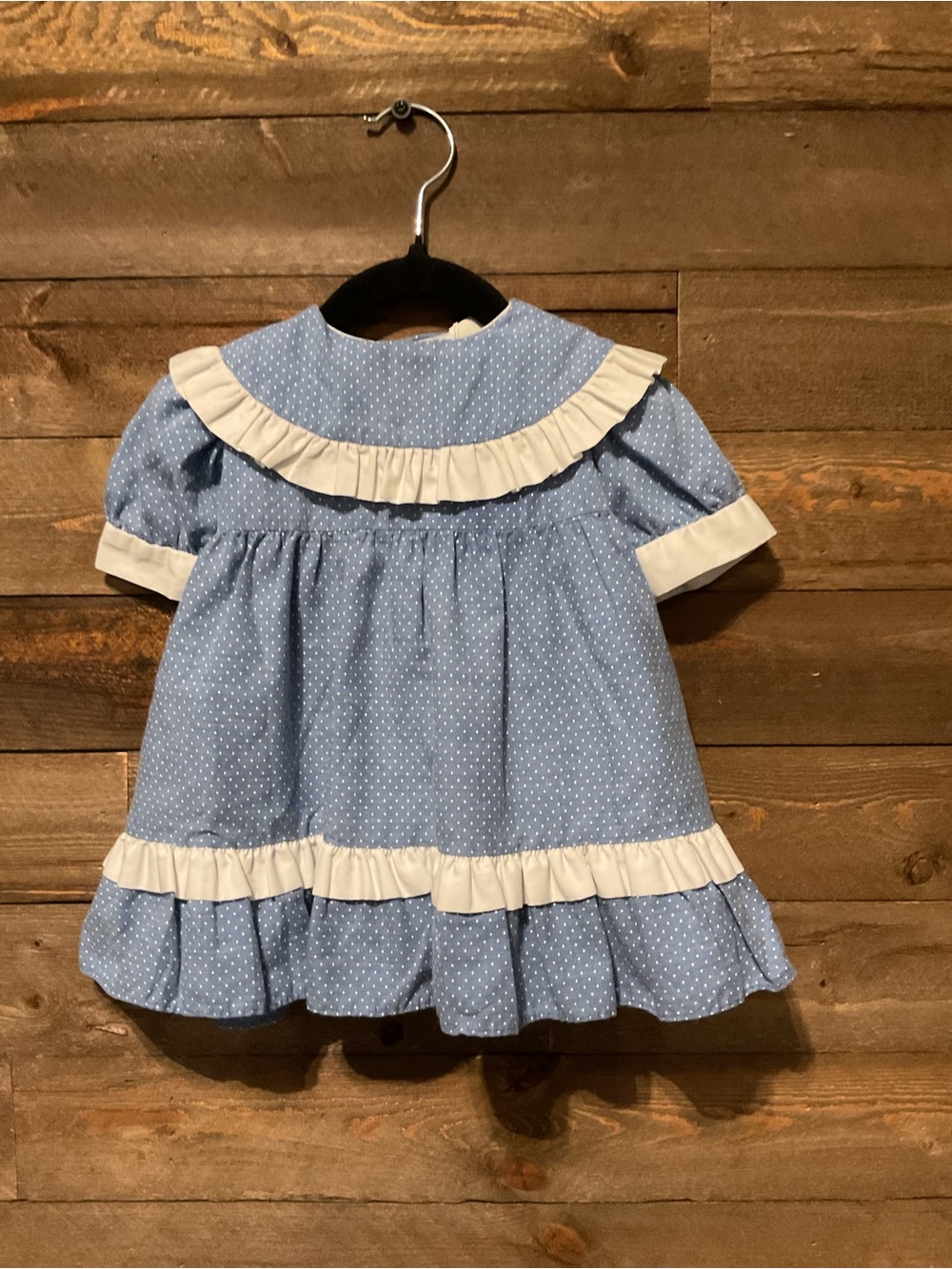Vintage Girls Jill Lynne Blue White Polka Dot Ruffle White Eyelet Dress 18-24